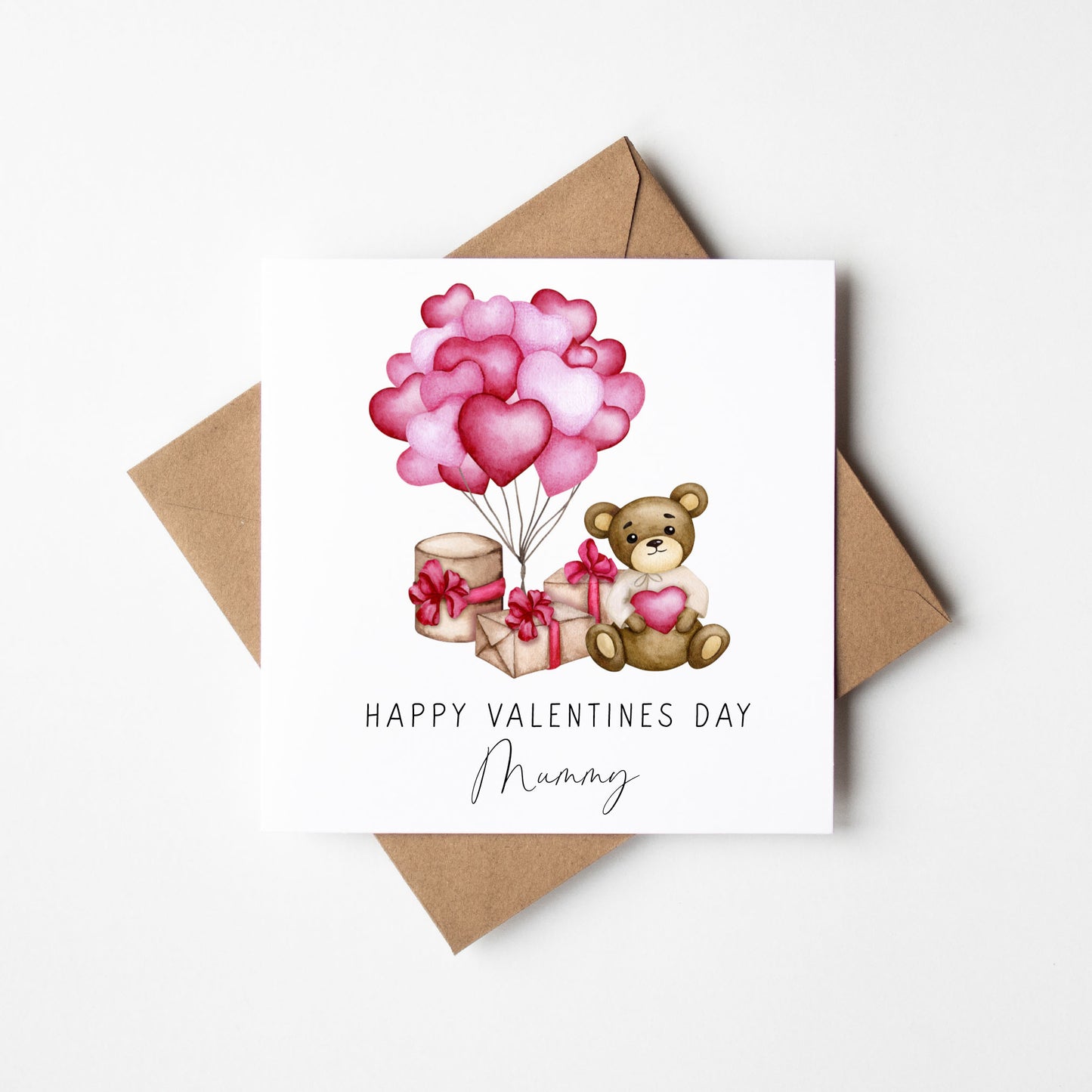 Valentines card, Personalised teddy bear balloons, mummy, daddy or name card and envelope