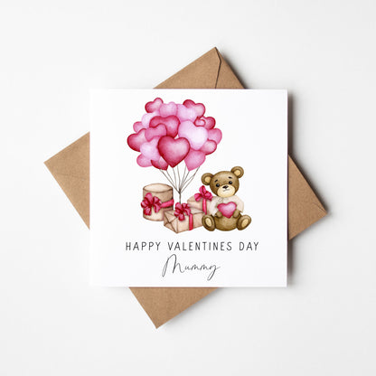 Valentines card, Personalised teddy bear balloons, mummy, daddy or name card and envelope