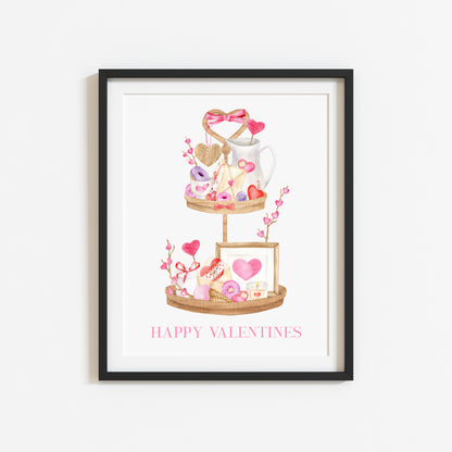 Valentines day print, Happy Valentines pink red & purple cute wooden tier tray watercolour home  unframed wall art poster print