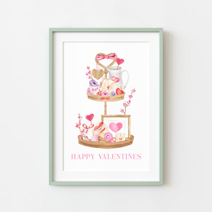 Valentines day print, Happy Valentines pink red & purple cute wooden tier tray watercolour home  unframed wall art poster print