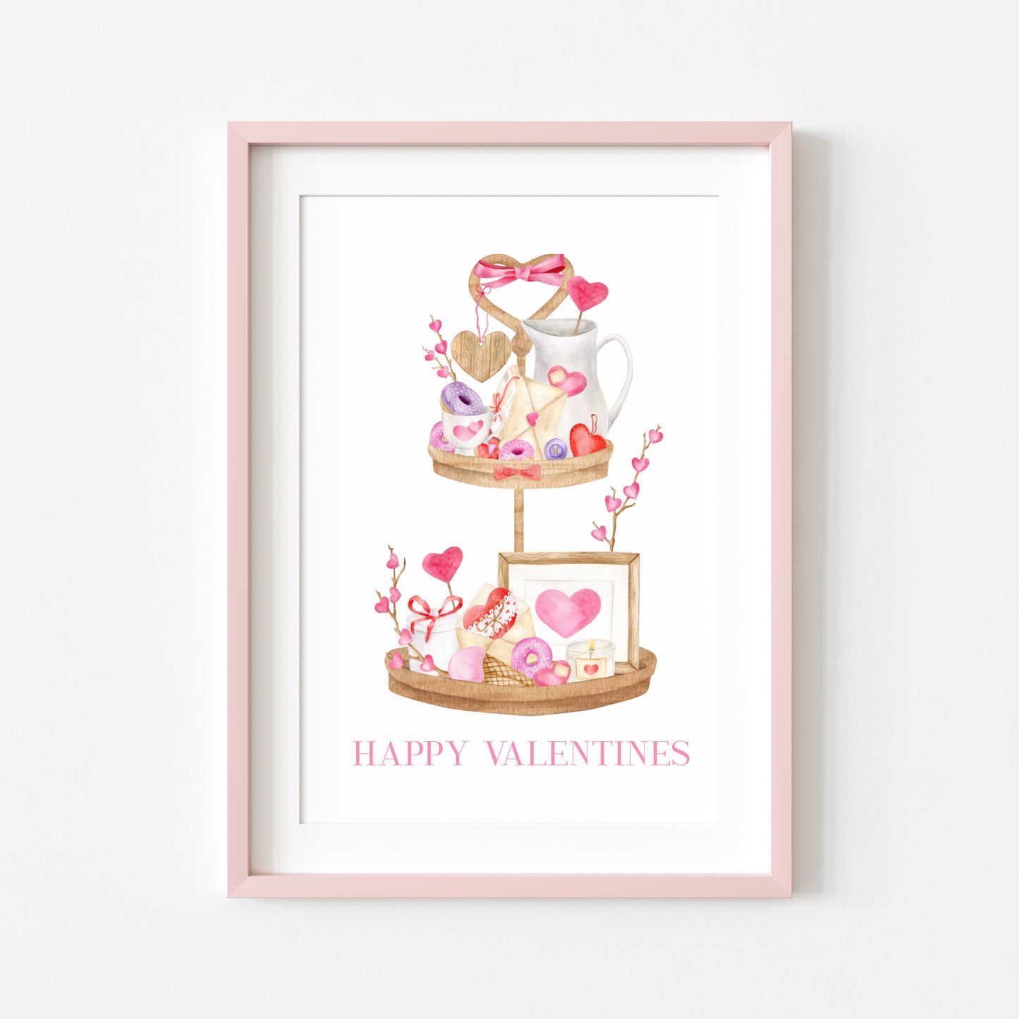 Valentines day print, Happy Valentines pink red & purple cute wooden tier tray watercolour home  unframed wall art poster print