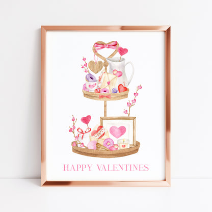 Valentines day print, Happy Valentines pink red & purple cute wooden tier tray watercolour home  unframed wall art poster print