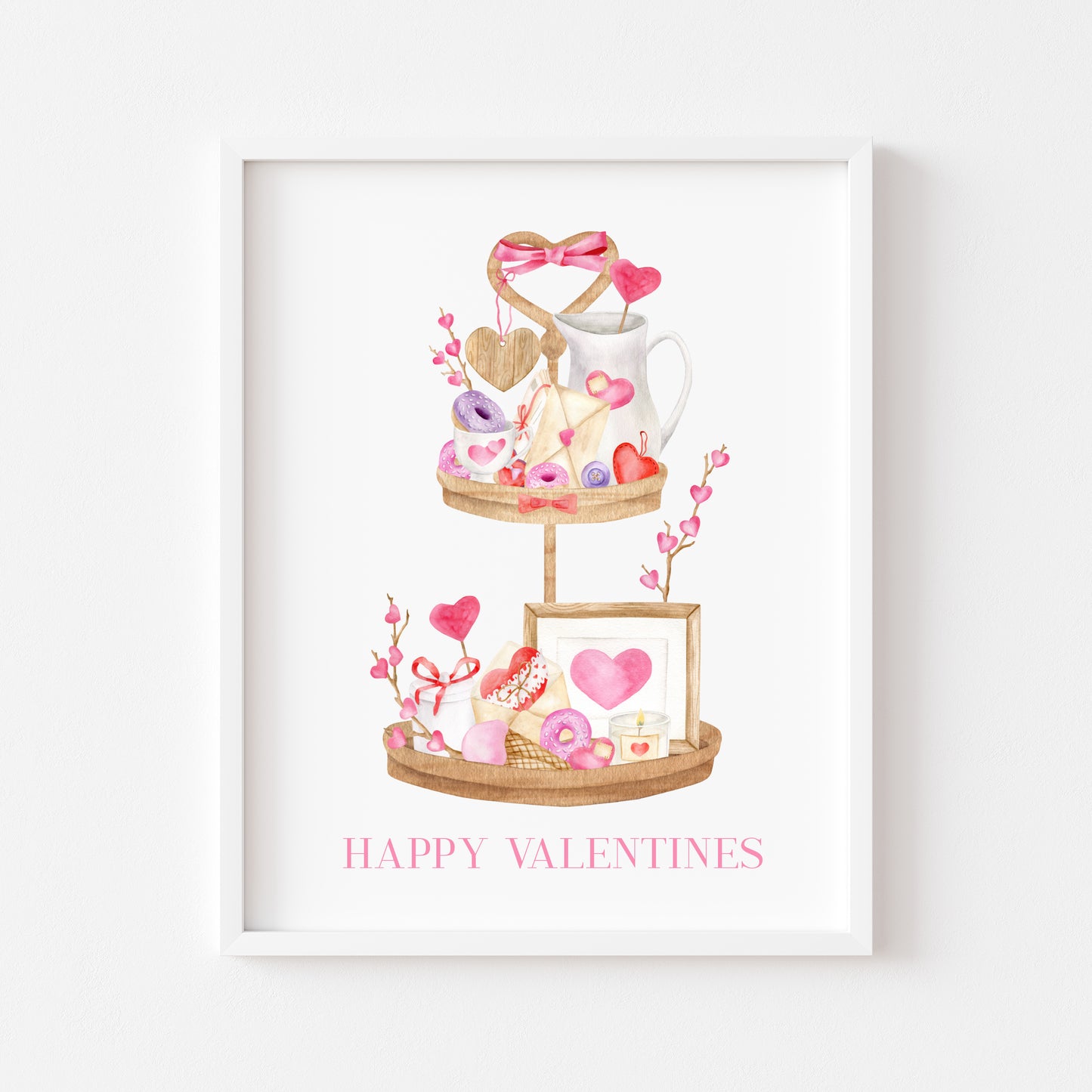 Valentines day print, Happy Valentines pink red & purple cute wooden tier tray watercolour home  unframed wall art poster print