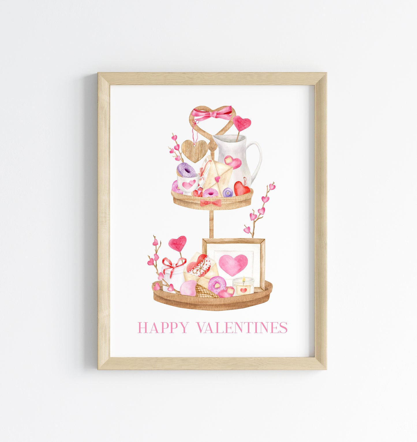 Valentines day print, Happy Valentines pink red & purple cute wooden tier tray watercolour home  unframed wall art poster print