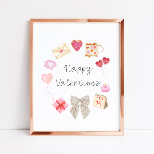 Valentines day print, Happy Valentines red pink wreath unframed wall art