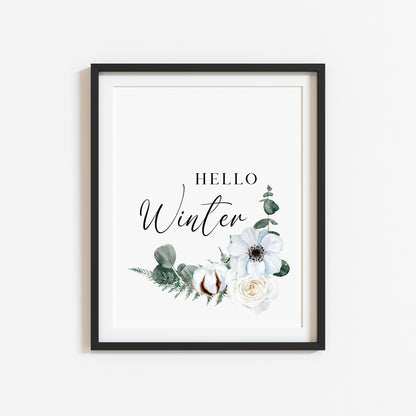 Hello winter Cotton, Eucalyptus & Rose floral watercolour Christmas seasonal Winter unframed wall art poster print