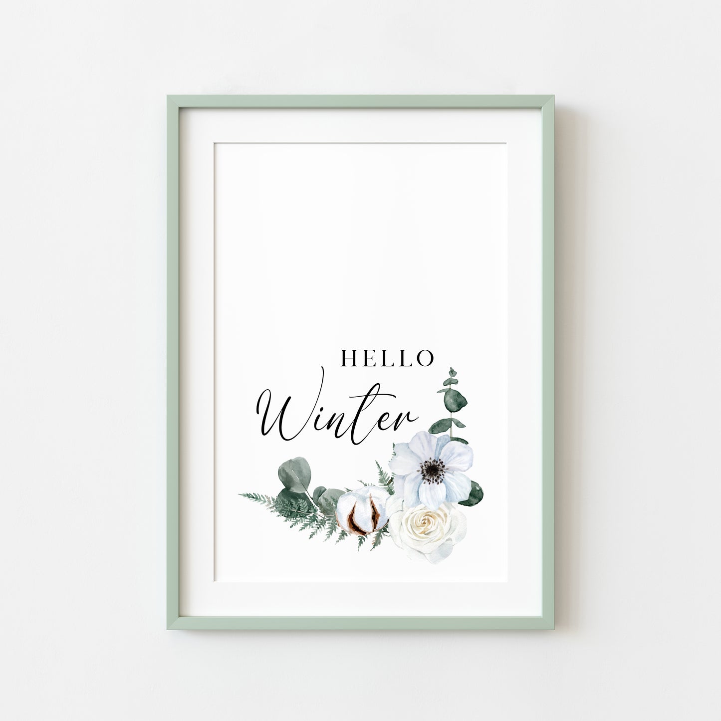 Hello winter Cotton, Eucalyptus & Rose floral watercolour Christmas seasonal Winter unframed wall art poster print