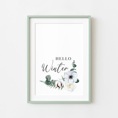 Hello winter Cotton, Eucalyptus & Rose floral watercolour Christmas seasonal Winter unframed wall art poster print