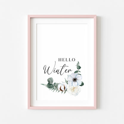 Hello winter Cotton, Eucalyptus & Rose floral watercolour Christmas seasonal Winter unframed wall art poster print