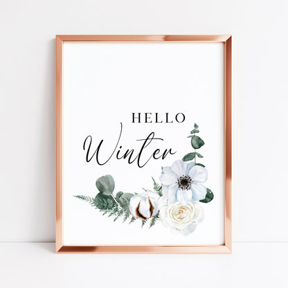 Hello winter Cotton, Eucalyptus & Rose floral watercolour Christmas seasonal Winter unframed wall art poster print