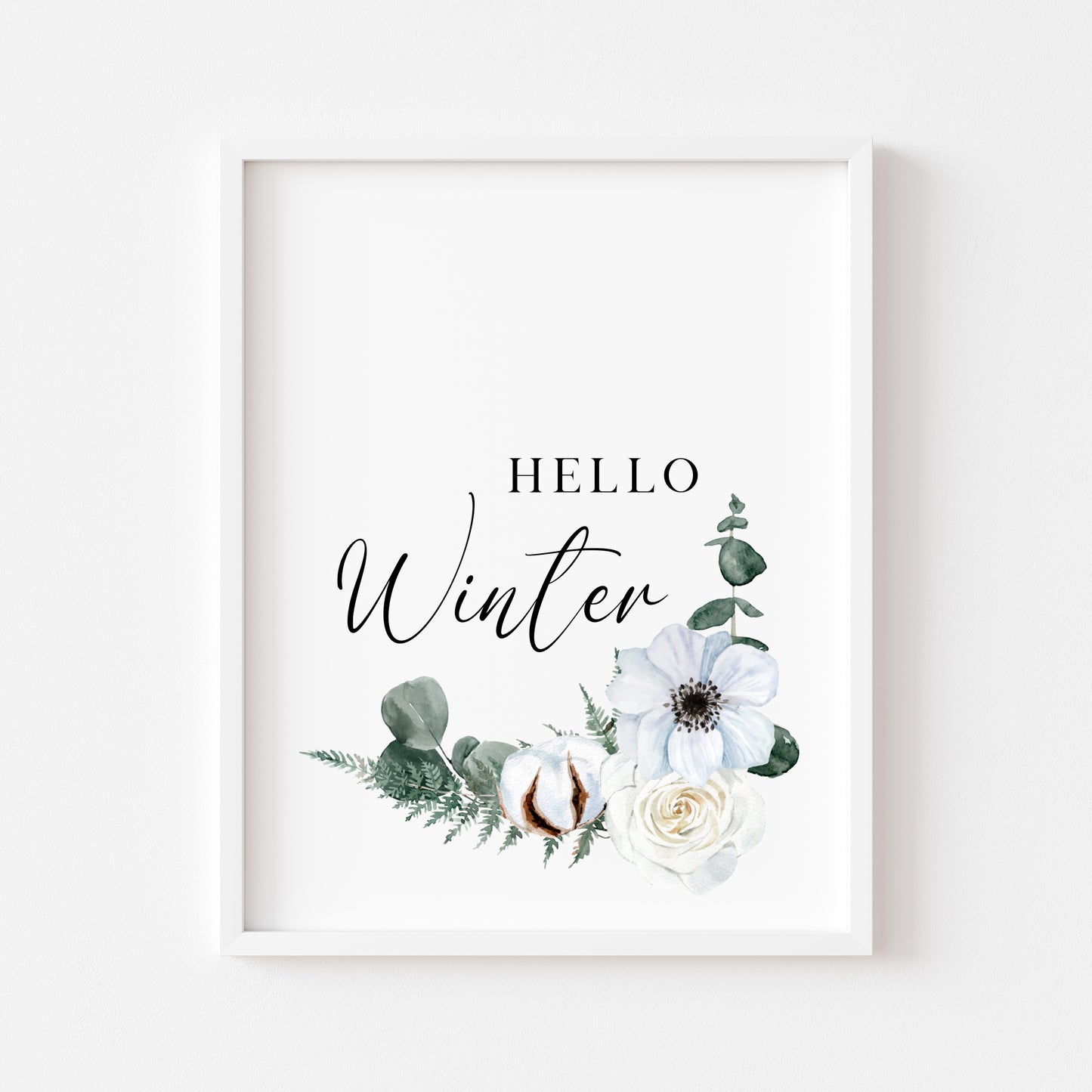 Hello winter Cotton, Eucalyptus & Rose floral watercolour Christmas seasonal Winter unframed wall art poster print