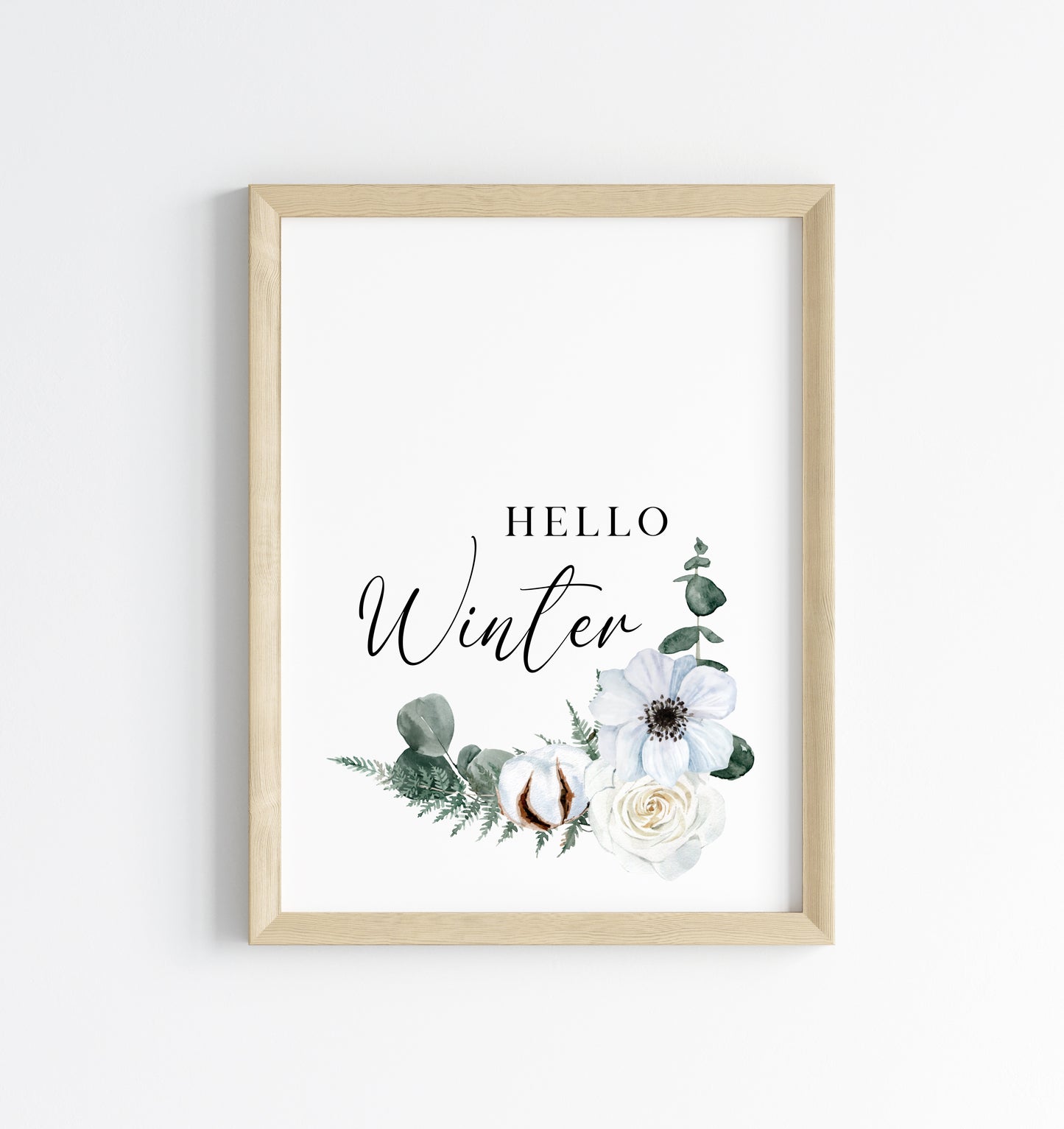 Hello winter Cotton, Eucalyptus & Rose floral watercolour Christmas seasonal Winter unframed wall art poster print