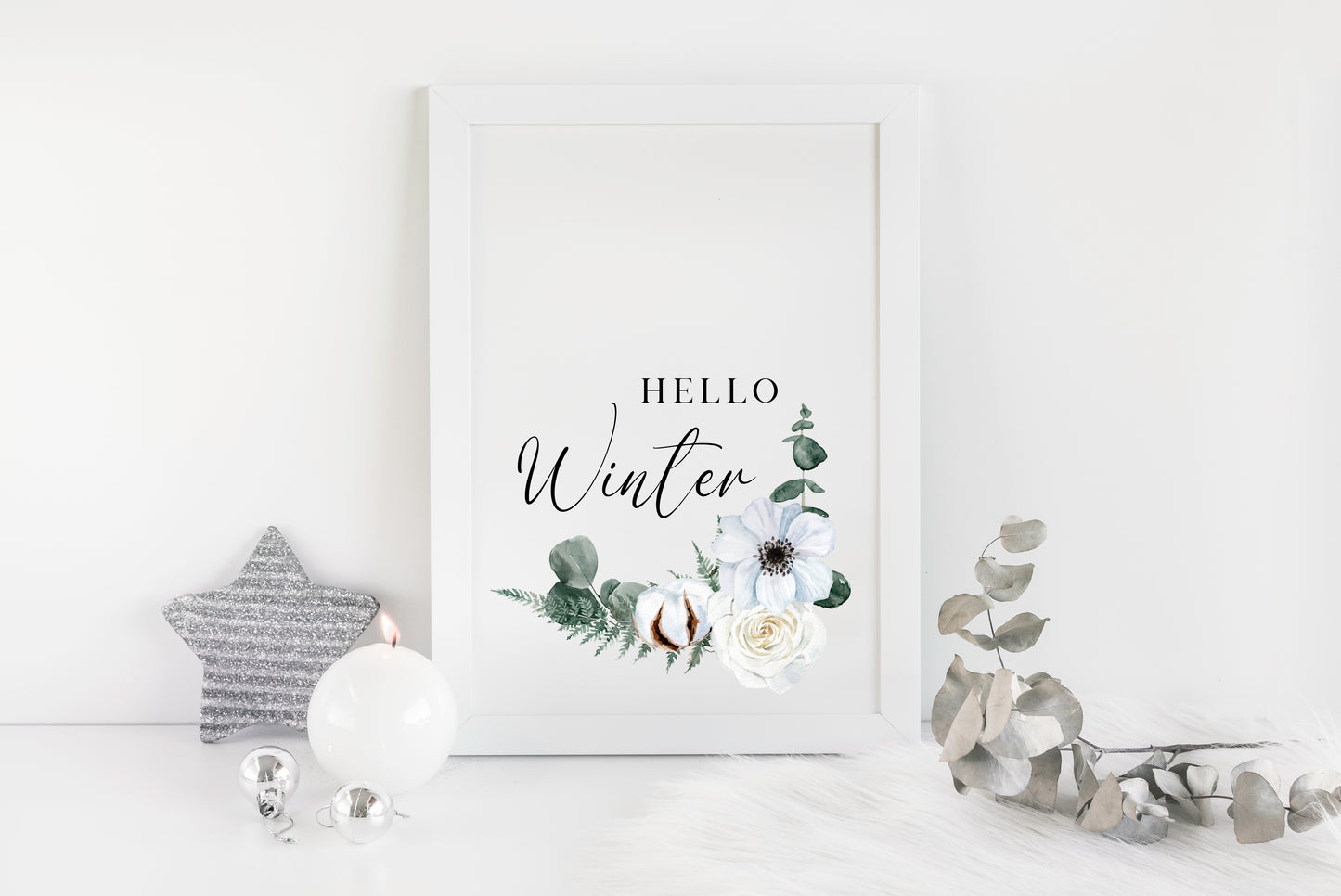 Hello winter Cotton, Eucalyptus & Rose floral watercolour Christmas seasonal Winter unframed wall art poster print