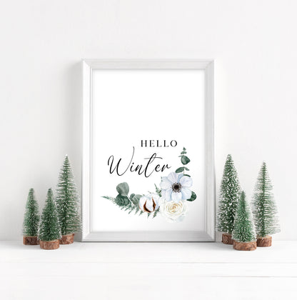 Hello winter Cotton, Eucalyptus & Rose floral watercolour Christmas seasonal Winter unframed wall art poster print