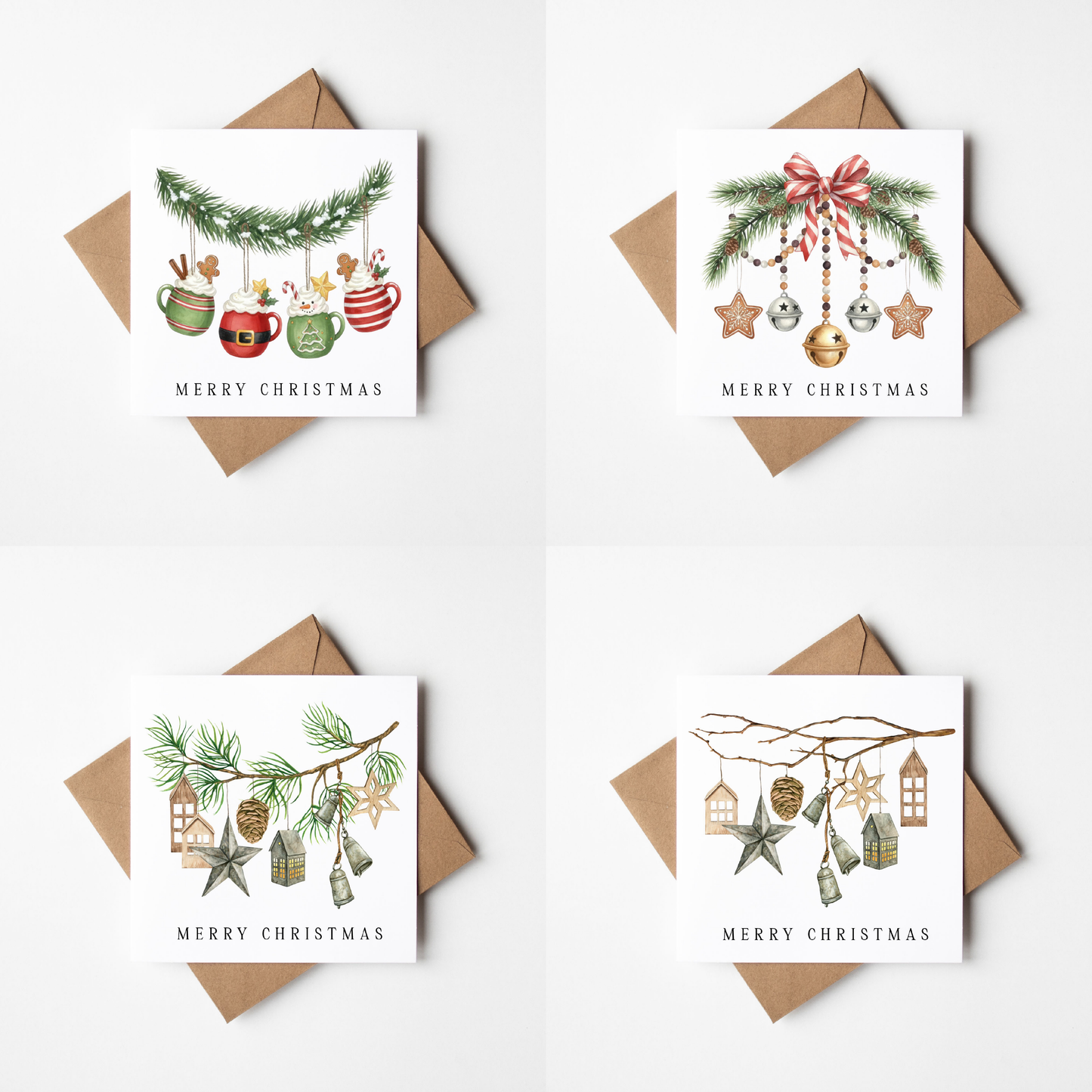 Festive hanging decorations Christmas Cards - Pack of 4, Kraft Envelopes