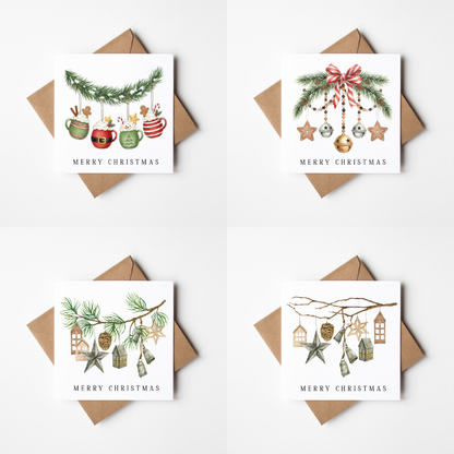 Festive hanging decorations Christmas Cards - Pack of 4, Kraft Envelopes
