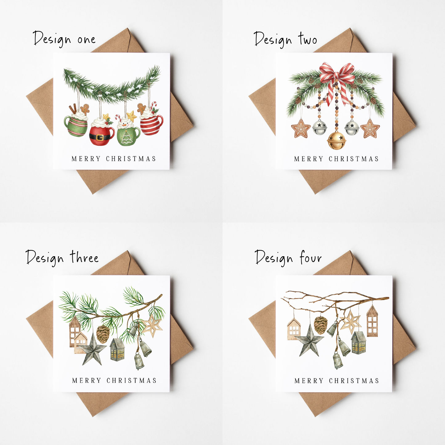 Festive hanging decorations Christmas Cards - Pack of 4, Kraft Envelopes