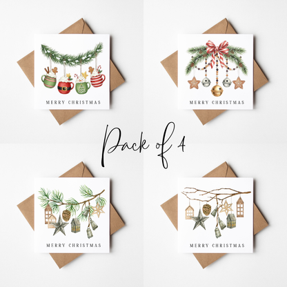 Festive hanging decorations Christmas Cards - Pack of 4, Kraft Envelopes