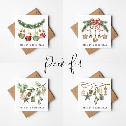 Festive hanging decorations Christmas Cards - Pack of 4, Kraft Envelopes