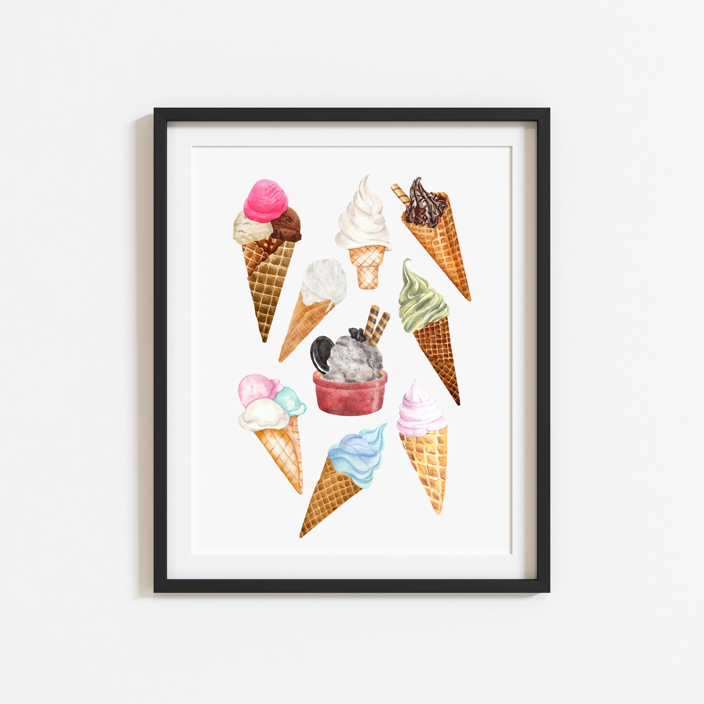 Icecream & cone collection multi flavour kitchen ice cream shop seasonal unframed wall art poster print