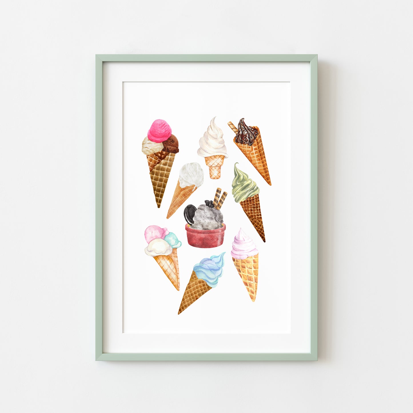 Icecream & cone collection multi flavour kitchen ice cream shop seasonal unframed wall art poster print