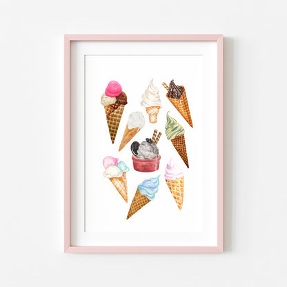 Icecream & cone collection multi flavour kitchen ice cream shop seasonal unframed wall art poster print