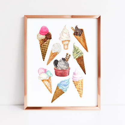 Icecream & cone collection multi flavour kitchen ice cream shop seasonal unframed wall art poster print