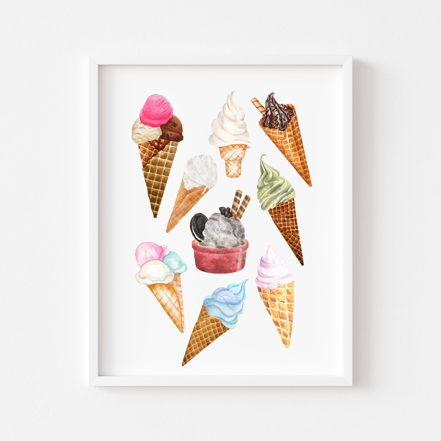 Icecream & cone collection multi flavour kitchen ice cream shop seasonal unframed wall art poster print