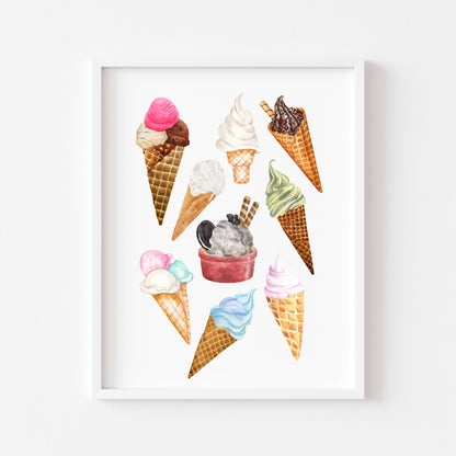 Icecream & cone collection multi flavour kitchen ice cream shop seasonal unframed wall art poster print