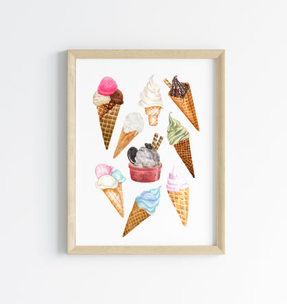 Icecream & cone collection multi flavour kitchen ice cream shop seasonal unframed wall art poster print