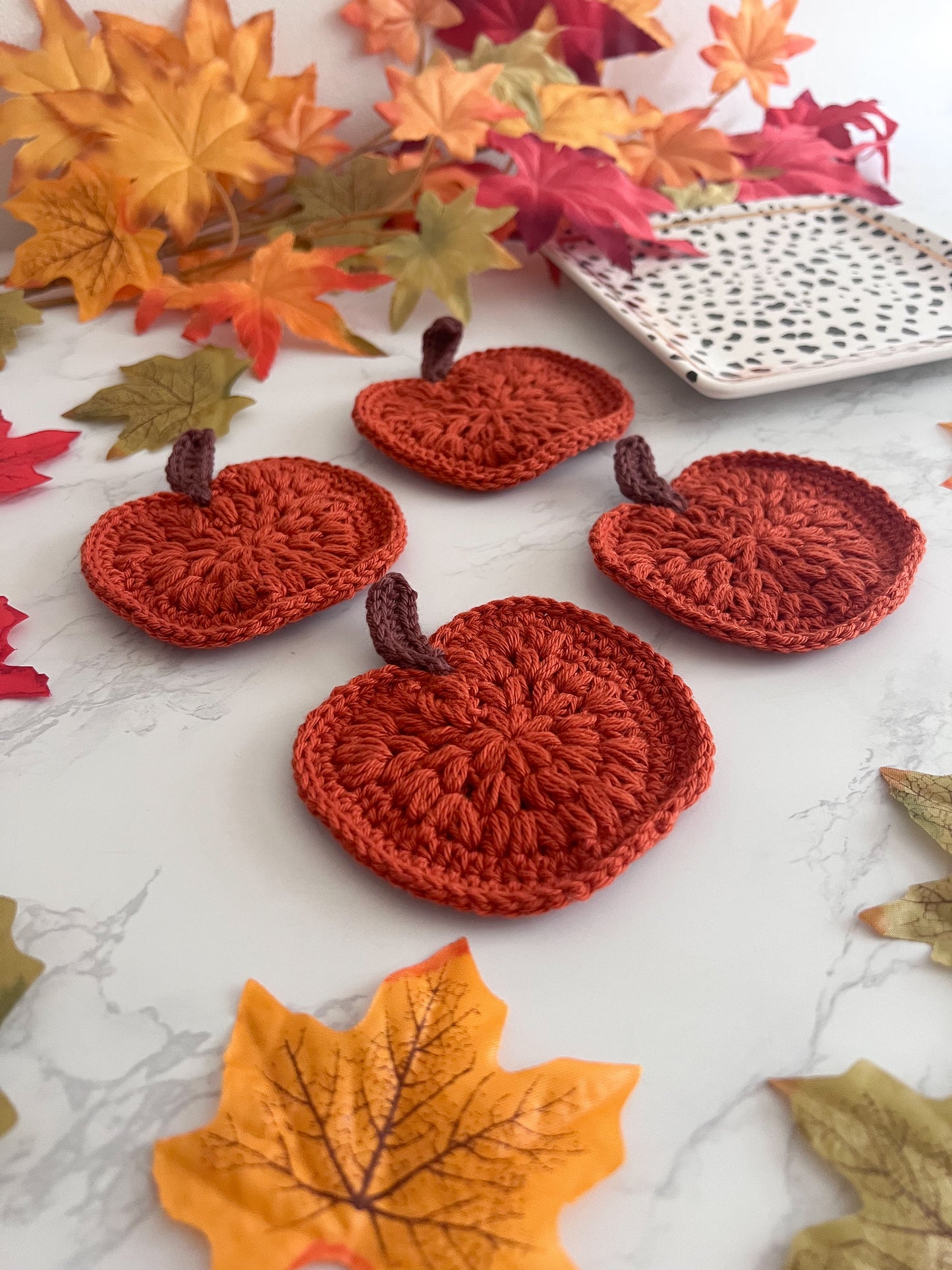 Set of 2 or 4 Handmade Pumpkin crochet coasters, rusty orange pumpkin coasters