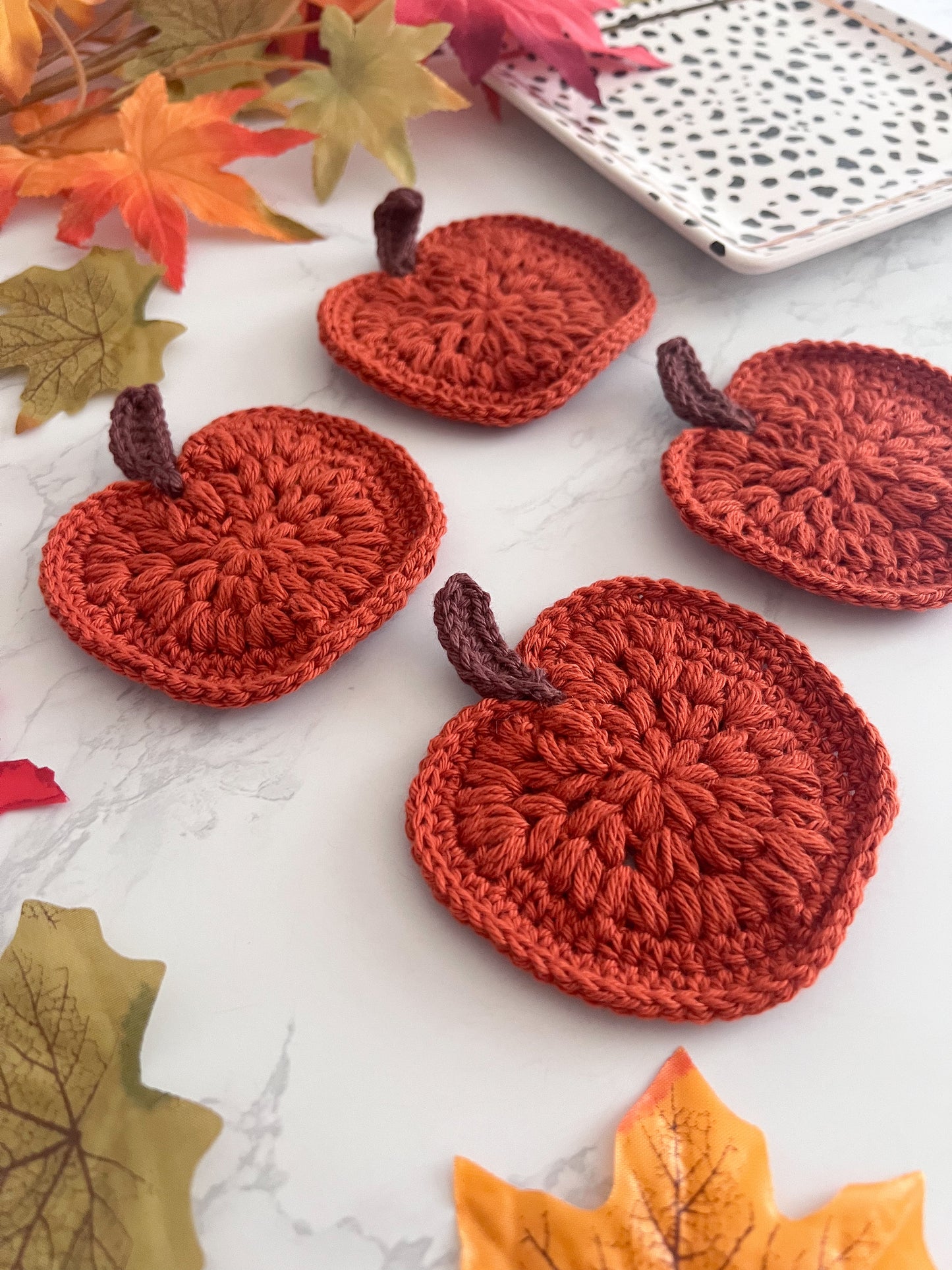 Set of 2 or 4 Handmade Pumpkin crochet coasters, rusty orange pumpkin coasters
