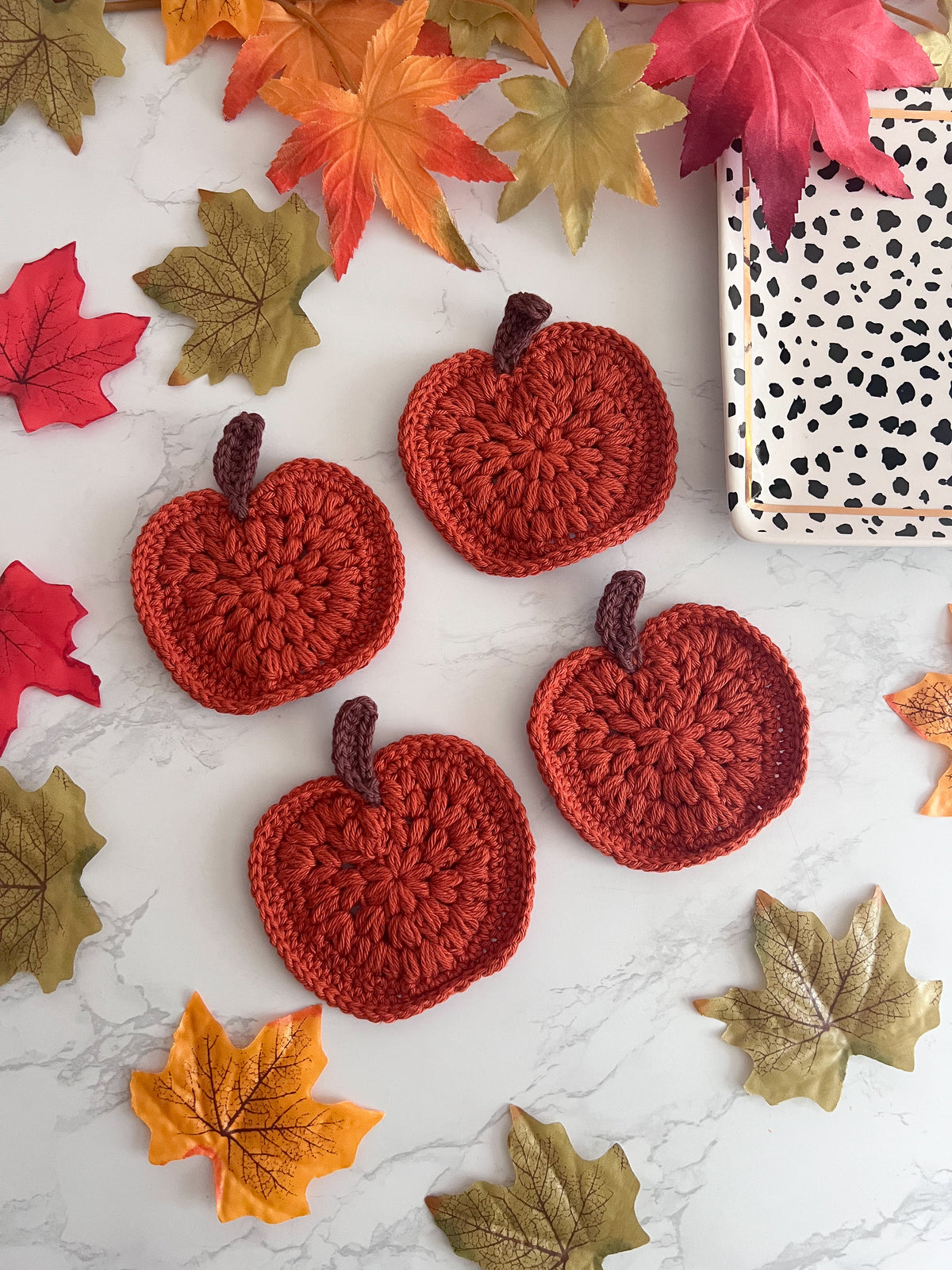 Set of 2 or 4 Handmade Pumpkin crochet coasters, rusty orange pumpkin coasters