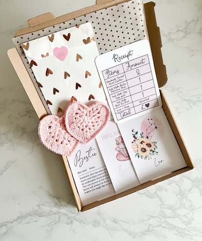 Bestie box, best friend birthday gift box, letter box gifts, crochet coasters, bestie definition star sign print, gift box bundle galentines