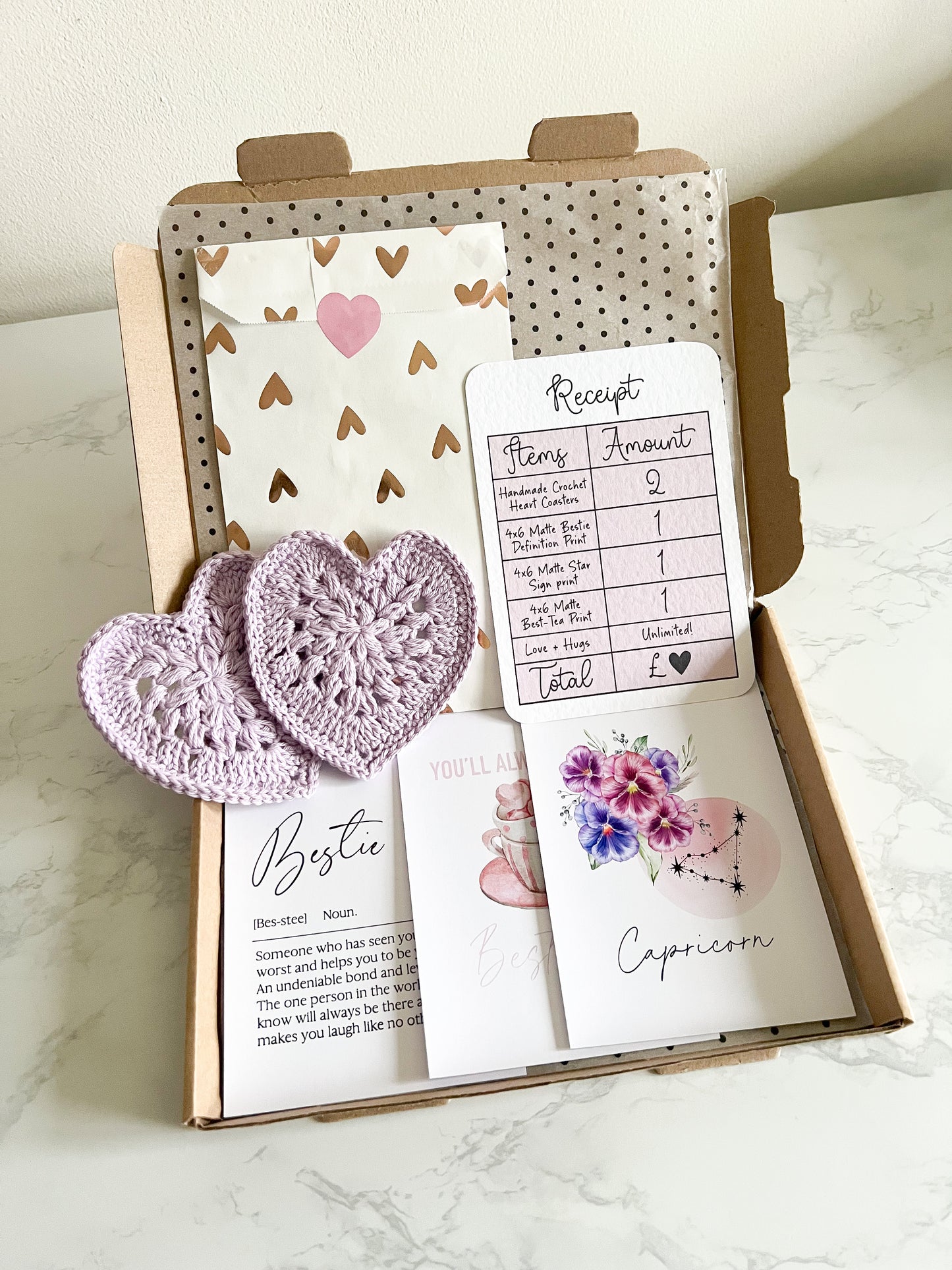 Bestie box, best friend birthday gift box, letter box gifts, crochet coasters, bestie definition star sign print, gift box bundle galentines