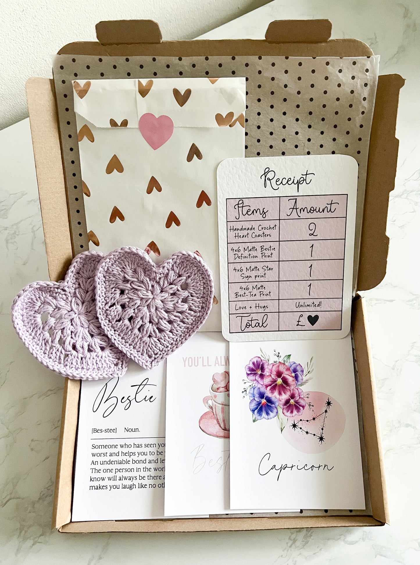 Bestie box, best friend birthday gift box, letter box gifts, crochet coasters, bestie definition star sign print, gift box bundle galentines