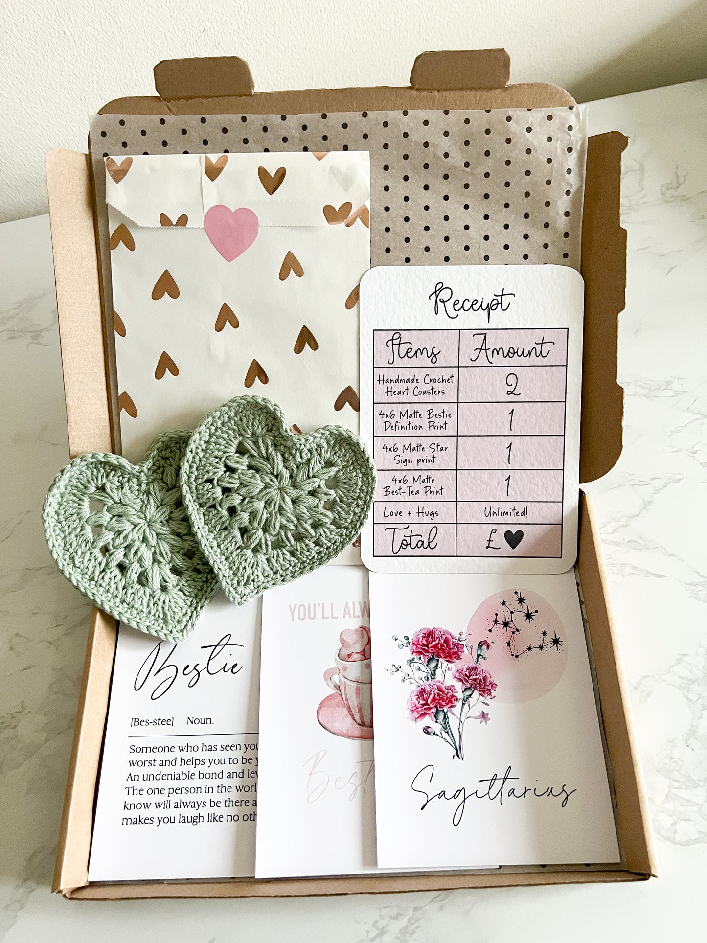 Bestie box, best friend birthday gift box, letter box gifts, crochet coasters, bestie definition star sign print, gift box bundle galentines