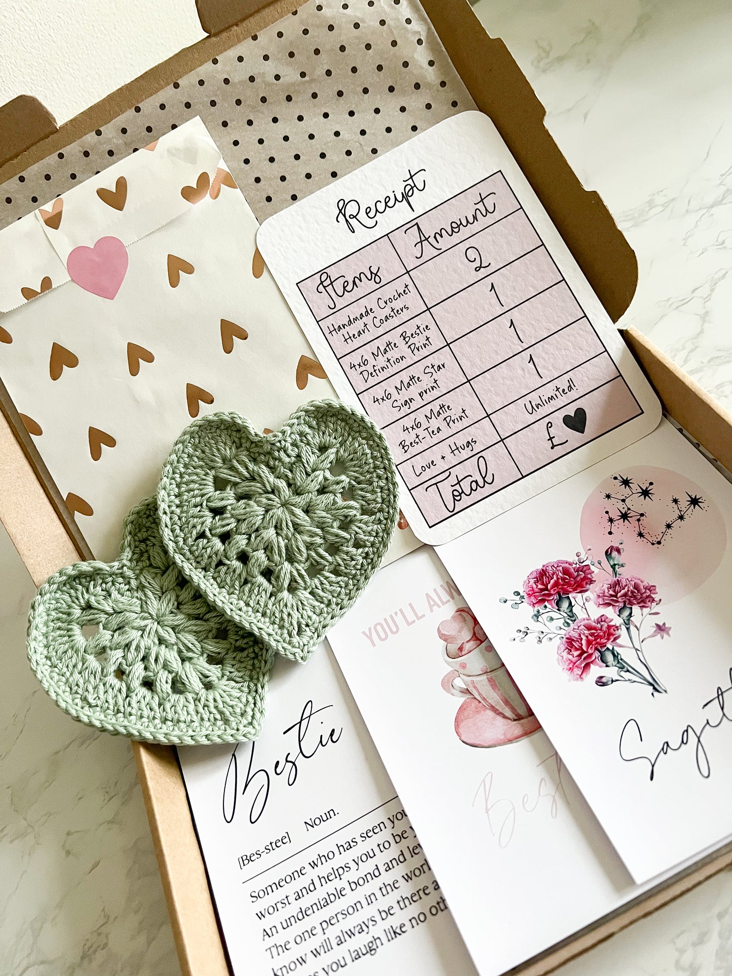 Bestie box, best friend birthday gift box, letter box gifts, crochet coasters, bestie definition star sign print, gift box bundle galentines