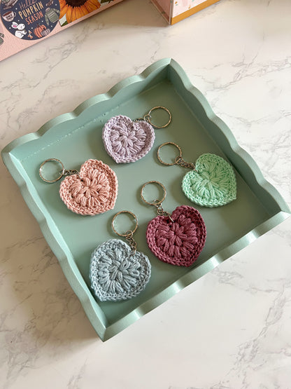 Crochet Heart Key Ring 5 colours available Handmade Cotton heart Keychain