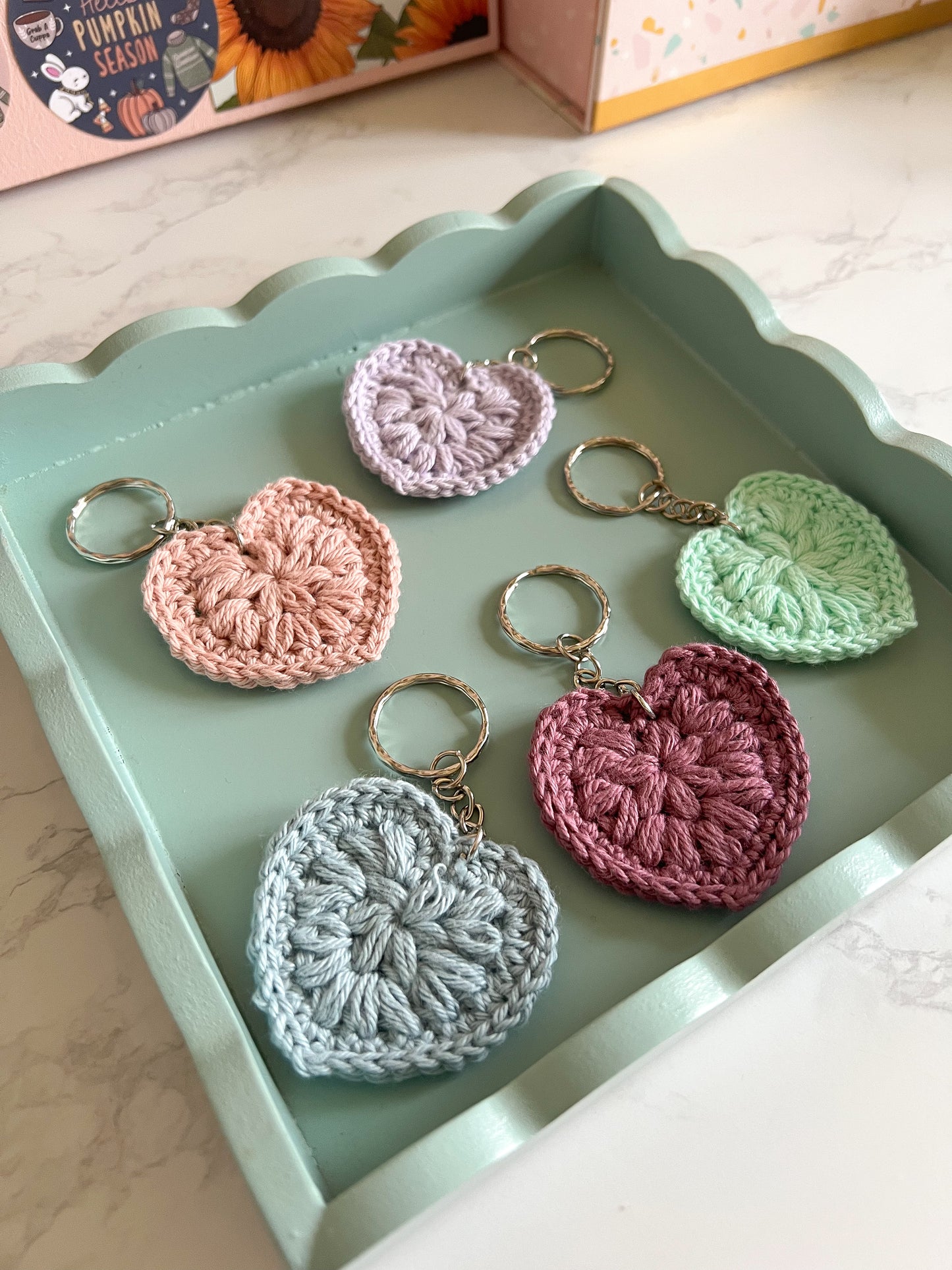 Crochet Heart Key Ring 5 colours available Handmade Cotton heart Keychain