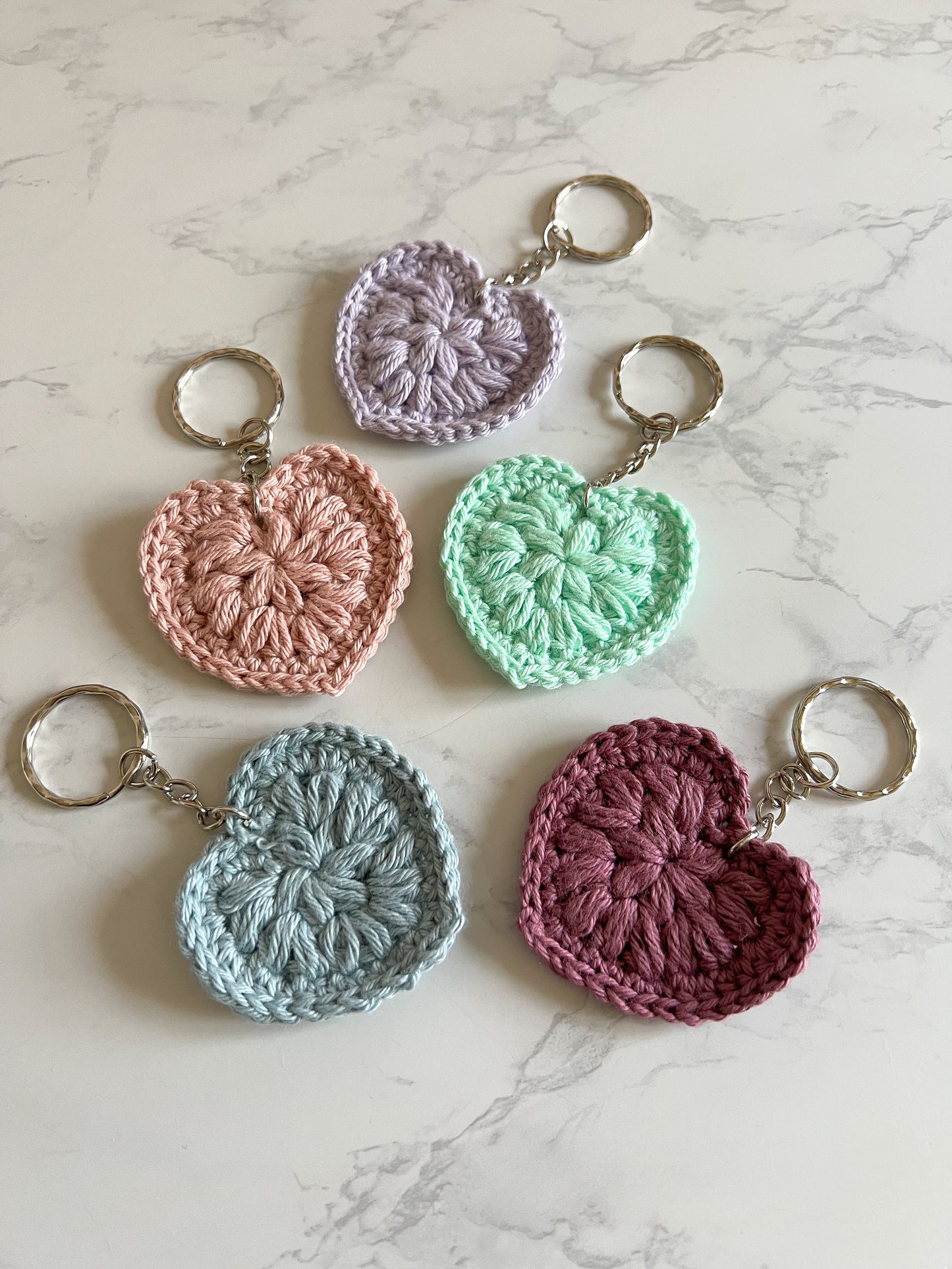 Crochet Heart Key Ring 5 colours available Handmade Cotton heart Keychain