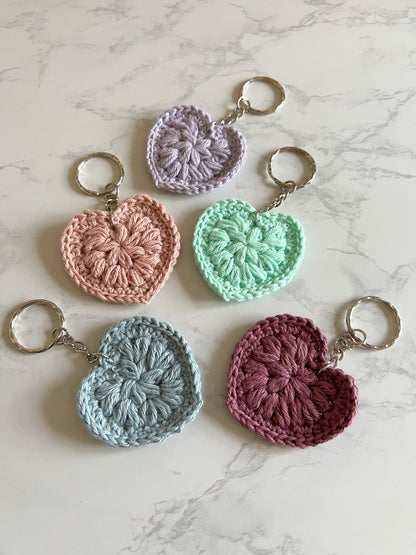 Crochet Heart Key Ring 5 colours available Handmade Cotton heart Keychain