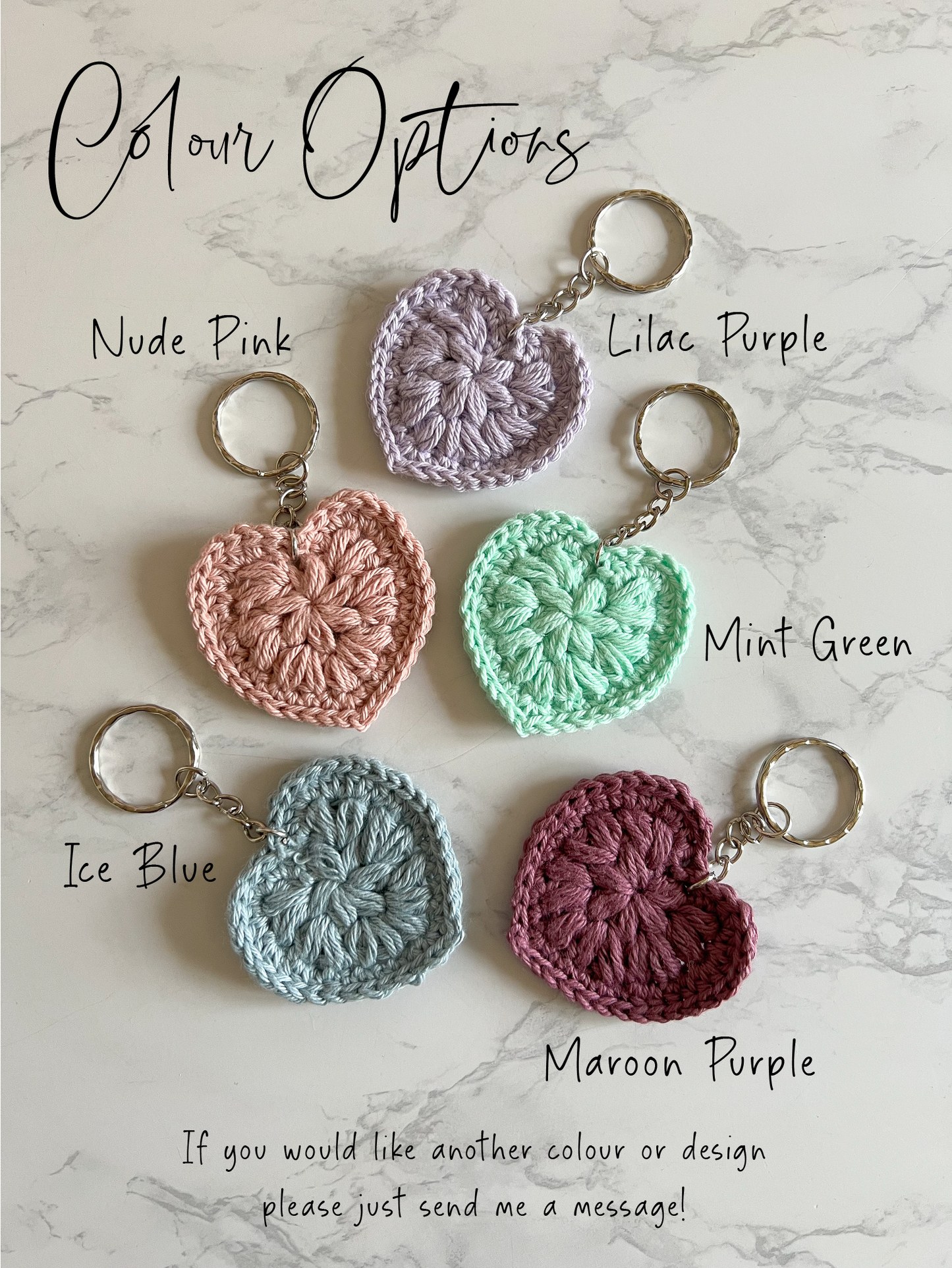 Crochet Heart Key Ring 5 colours available Handmade Cotton heart Keychain