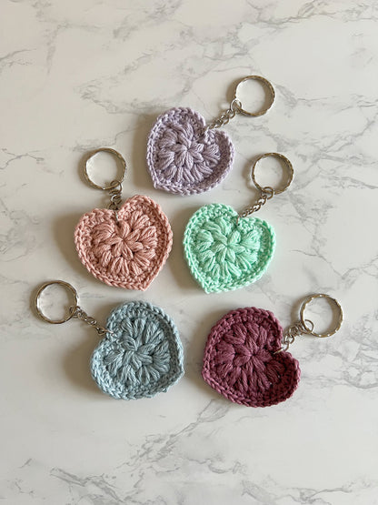 Crochet Heart Key Ring 5 colours available Handmade Cotton heart Keychain