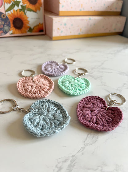 Crochet Heart Key Ring 5 colours available Handmade Cotton heart Keychain