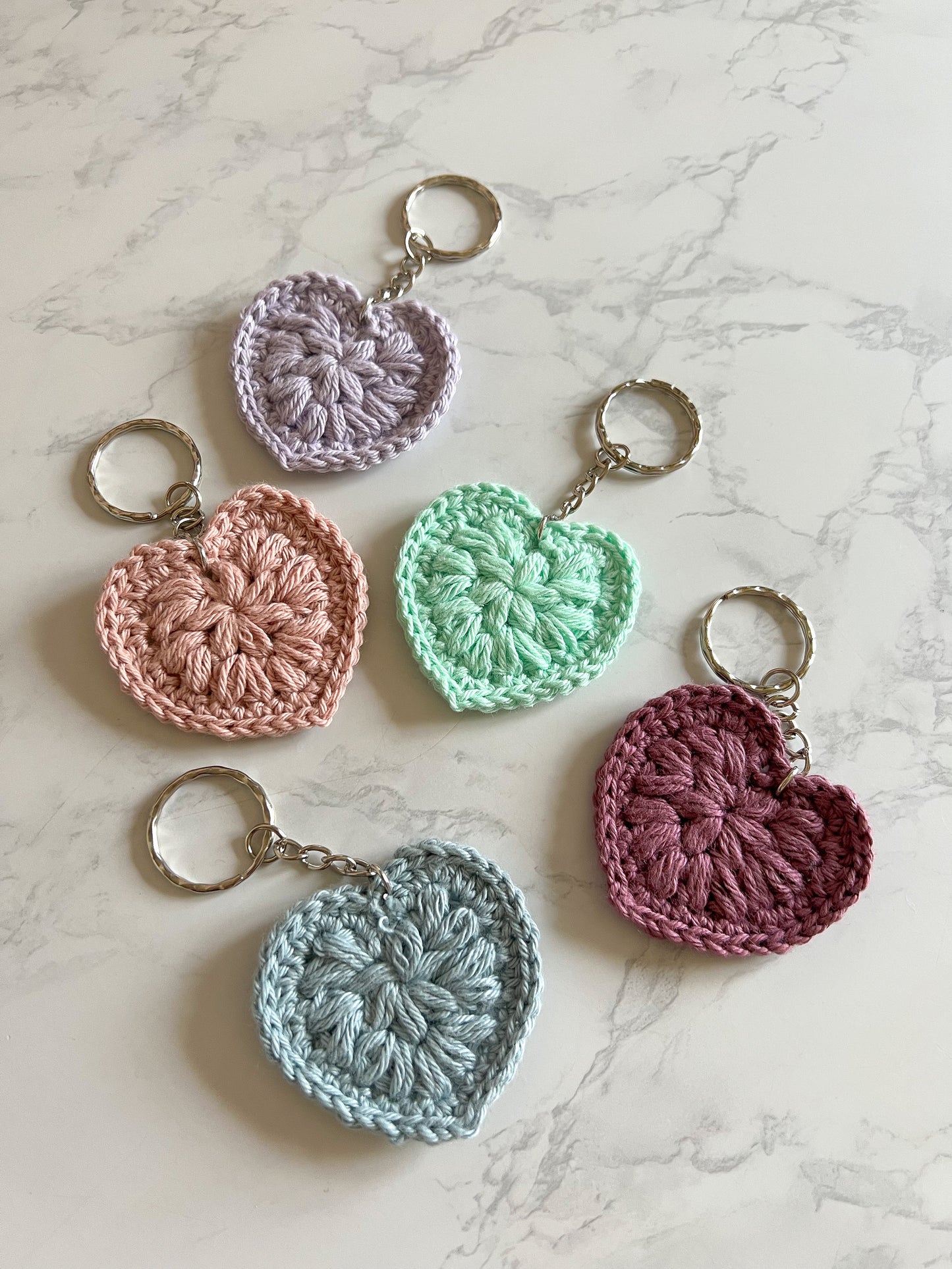 Crochet Heart Key Ring 5 colours available Handmade Cotton heart Keychain