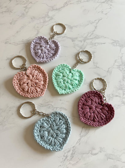 Crochet Heart Key Ring 5 colours available Handmade Cotton heart Keychain