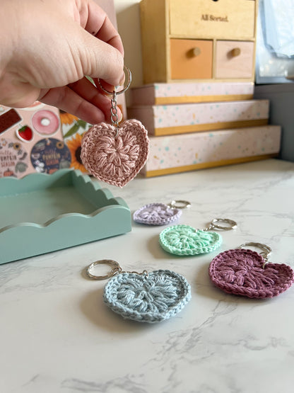 Crochet Heart Key Ring 5 colours available Handmade Cotton heart Keychain