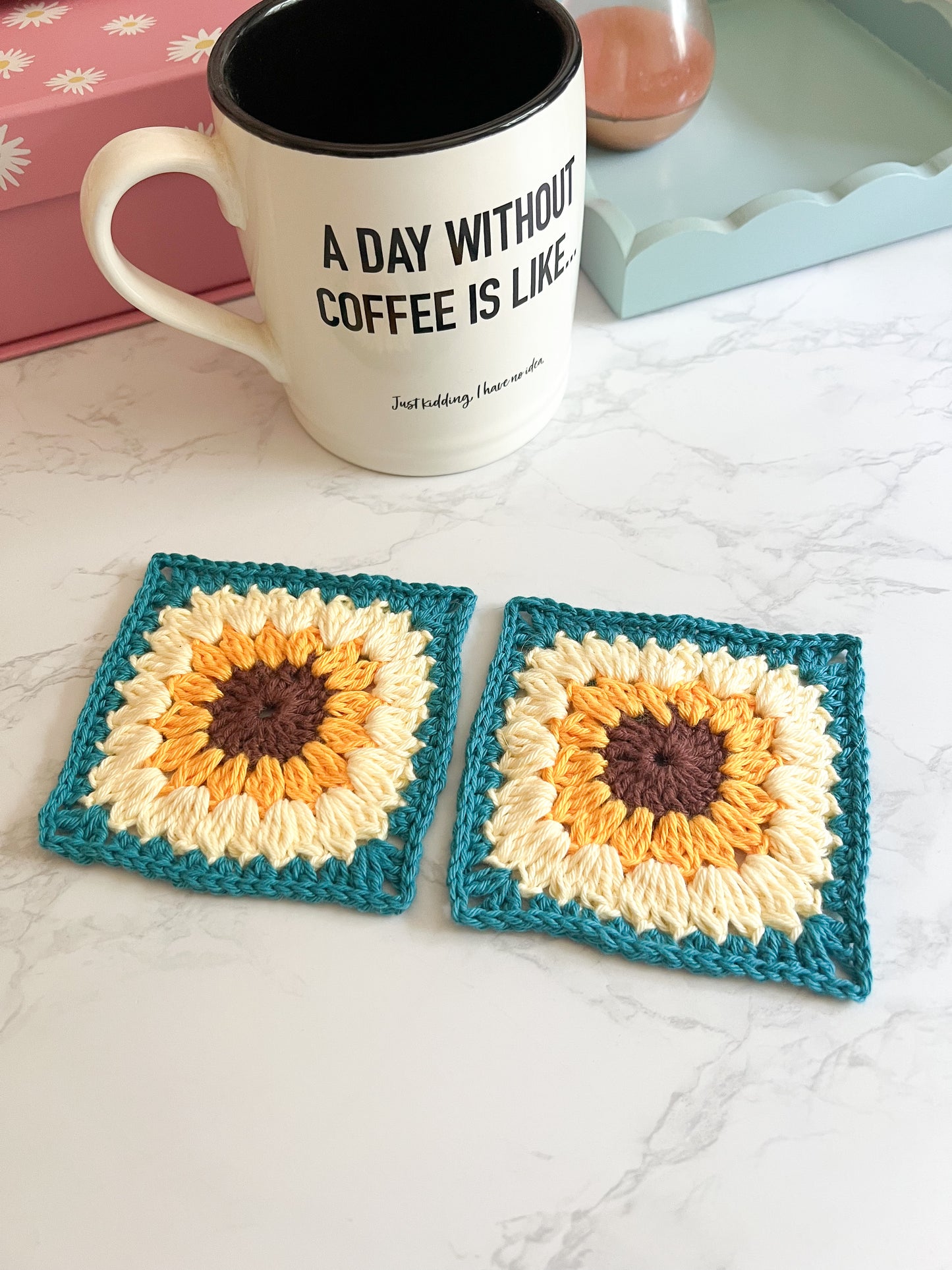 Set of 2 OR 4 Sunflower Square handmade crochet coasters, flower coasters handmade crochet gifts, set of coasters, handmade crochet decor