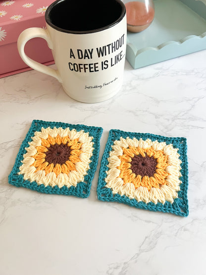 Set of 2 OR 4 Sunflower Square handmade crochet coasters, flower coasters handmade crochet gifts, set of coasters, handmade crochet decor